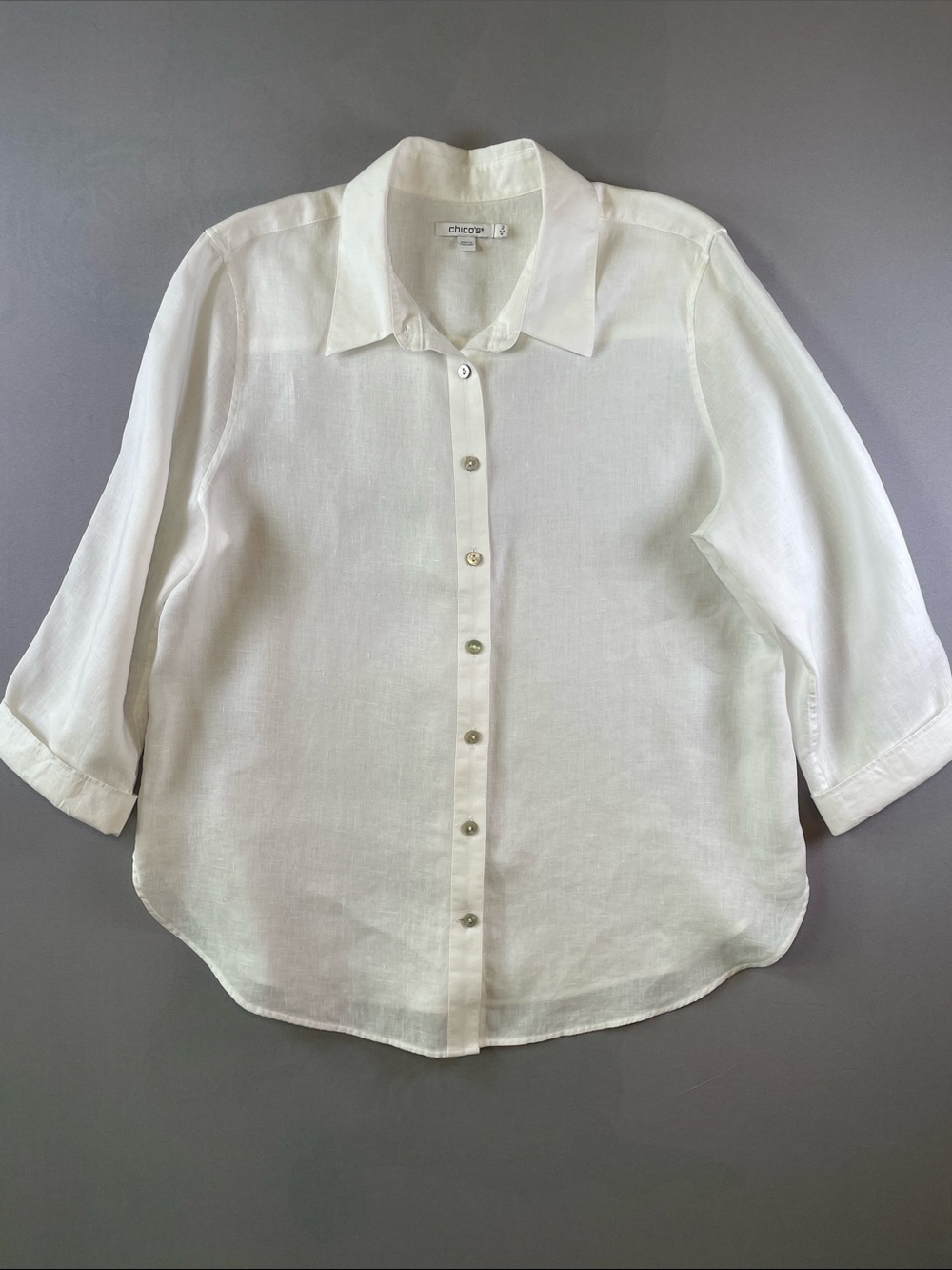 Chico's 100% Linen Crisp White Button-Down 3/4 Length Sleeve Shirt Chico 2/12